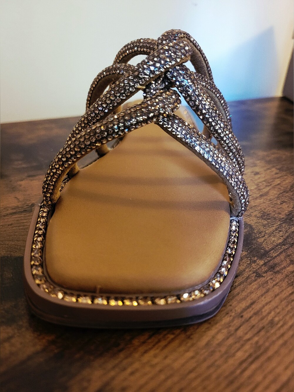 Steve Madden Gold Rhinestone Strappy Slide Sandals - Picture 6 of 11